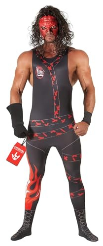 Morph Deguisement Catcheur WWE Adulte, Costume Kane Halloween Homme | Combinaison Intégrale, Masque & Perruque, Look Catcheur WWE, Fermeture Éclair, Parfait pour Halloween, Idéal pour le Cosplay