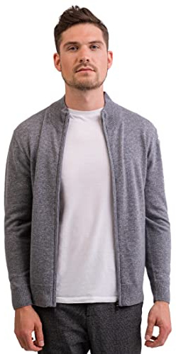 CASH-MERE.CH 100 % cachemira para hombre con cremallera, chaqueta de punto con cremallera de 2 hilos gris L