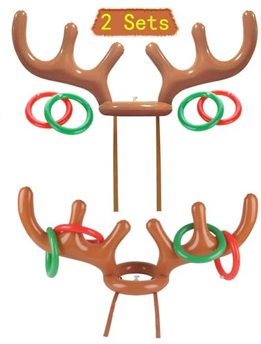 Noël Jeu de Lancer d'Anneaux Gonflable,Jeu Exterieur Enfant Adulte 2 Bois de Renne avec 8 Anneaux,Amusant Jeux Gonflable Piscine Intérieur Extérieur Jeux Familial pour Jardin Fête Noël Pool Party