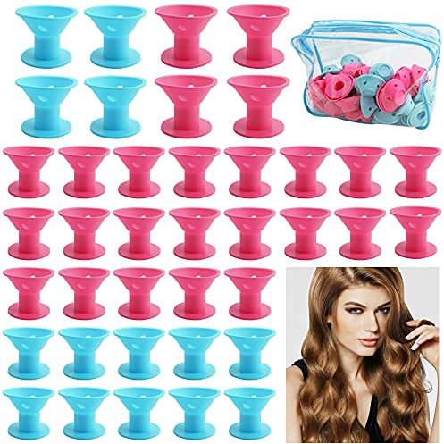 GIRAFEDA 60 Stück Silikon Lockenwickler Magic Lockenwickler Ohne Hitze Weiche Haarwickler über Nacht Zwei Größen Lockenwickler mit Aufbewahrungstasche Perückennetz Haarflechtwerkzeug (Rosa + Blau)