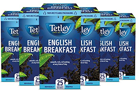 Tetley English Breakfast Black Tea Bags - Strong & Refreshing Morning Brew - Premium Blend with Assam & African Teas - Rainforest Alliance Certified - 150 Individually Wrapped Teabags (6x25 Pack)
