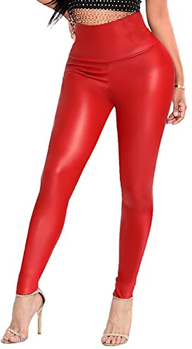 SEASUM Faux Leather Leggings for Women Stretchy High Waisted Butt Lifting Red Pleather Pants Outfit Sexy PU Leggings Tights M