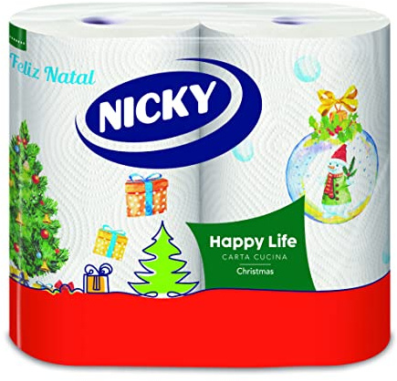 Nicky Happy Life Christmas - Carta Cucina Natalizia, 24 Rotoli Asciugatutto da 100 Strappi, Carta a 2 Veli, Apertura Facilitata, 4 decori natalizi diversi, Resistente ed Assorbente, Carta FSC