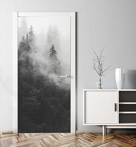 MyMaxxi | Tür bekleben mit Türtapete Selbstklebend 90x200 nebliger Wald schwarz/weiß |Tür verschönern mit Türfolie | Türaufkleber XXL Aufkleber Folie | Türposter Türklebefolie für jedes Zimmer -