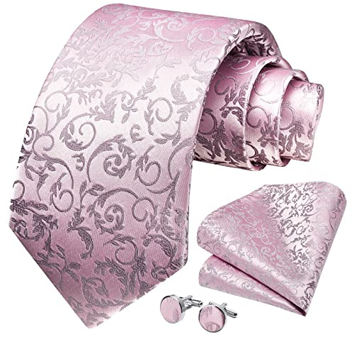 HISDERN ensemble de cravate pour homme rose Paisley cravate et pochette de costume en soie avec bouton de manchette mouchoir pour affaires de mariage