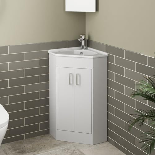 Affine® 585mm Corner Vanity Unit Basin Sink Bathroom Storage Cabinet Cupboard Freestanding, Single Tap Hole Ceramic Wash Basins, Soft Close Doors, White Gloss