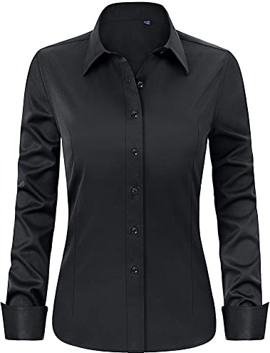J.VER Black Shirt Womens Dress Fitted Stretch Shirt Long Sleeve Business Casual Work Office Tops Fashion Ladies Blouses Shirts S