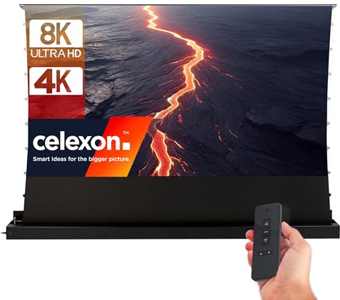 celexon HomeCinema Plus CLR UST Écran de Projection motorisé 110 Noir | 243x137 cm 16:9 | Écran encastrable et enroulement à Ciseaux au Sol 8K/Full HD pour projecteurs à Ultra-Courte focale