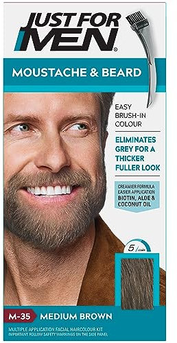 Just For Men Tinte para barba y bigote en marrón medio, elimina las canas y proporciona una apariencia más gruesa y completa, M35