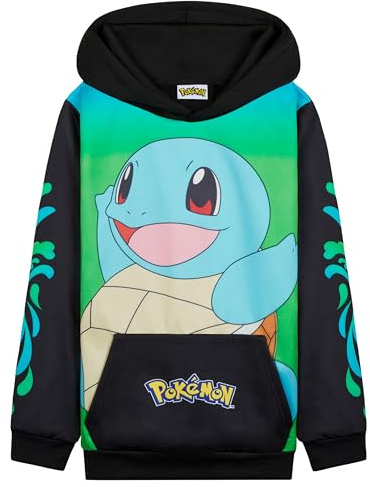 Pokémon Felpe con Cappuccio per Bambini Ragazzi Adolescenti Pikachu Felpa Comoda con Tasca a Canguro Regalo Bambino (9-10 Anni, Nero/Verde Squirtle)