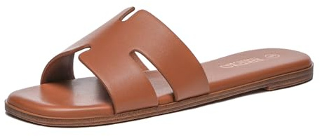Rihero Women's Dressy Flat Sandals Comfortable Slip On Leather Slide Brown Sandals Size 10
