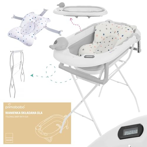 Primabobo Baignoire Pliante pour Bébé 81cm avec Support, Thermomètre et Coussin