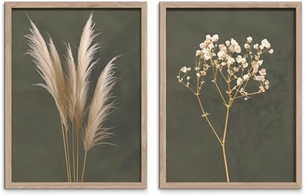 STYLER Bilder Set Boho 2x 30x40 cm (AUFHÄNGFERTIG) mit hochwertigem Rahmen – Natürliche Schönheit für Ihr Zuhause – Grün Oliv Beige Minimalistisch Pampas Gras