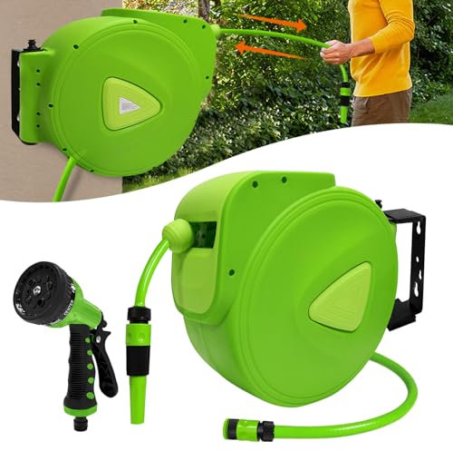 FIVMEN Schlauchtrommel Gartenschlauch 20m Trommel Wasserschlauch Schlauchaufroller 3/4 Zoll mit Multifunktionsbrause Schlauchrolle 180° Schwenkbare inkl. Stoppball Schlauchtrommeln, Grün