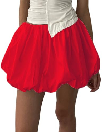 Women Y2k Bubble Mini Skirt Summer A Line Pleated Balloon Skirt Teen Girl Ruffle Puffy Short Skirt Streetwear(Red,M)