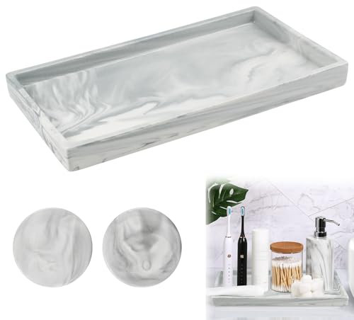 ADERTOS Badezimmer Tablett Keramik 28*16cm Grau - Deko Ablage für Bad Schminktisch mit Seifenspender, Waschtisch und 2 Untersetzer für Kosmetik Schmuck Shampoo