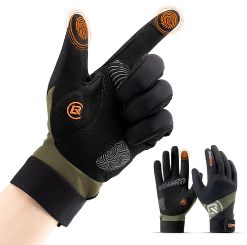 ROCKBROS Gants Vélo Hiver Homme et Femme, Gants de Cyclisme Chaud Écran Tactile Antidérapants pour Sport VTT Élastique Antichoc Réglable, Noir et Vert, XXL