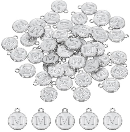 QUARKZMAN Bokstav M emalj bokstavsberlock smycke emalj initial berlock vitt hänge för smyckestillverkning, armband, hantverk, förpackning med 50