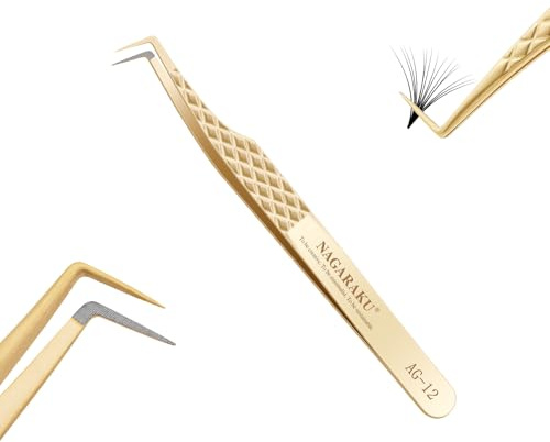 NAGARAKU Fiberspets Volym Ögonfransympning Professionell Precision Wimpertång Halkfritt Ögonfranspincett Franspincett 1cm Lång Böjd Spets Eyelash Tweezer För Att Skapa Mega Ögonfransblommor (85°AG-12)