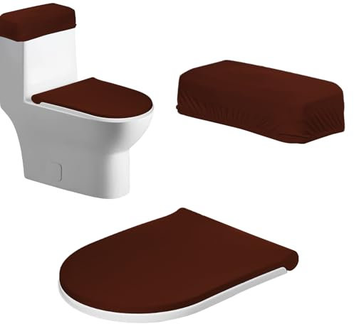 Lot de 2 housses de couvercle de réservoir de toilettes et de réservoir de salle de bain avec fond élastique, universel (marron)
