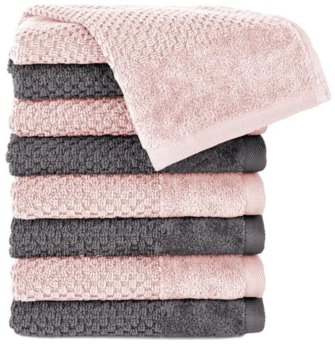 Pure Label 8-TLG. Gästehandtücher 30x50 cm mit Aufhängeschlaufe aus 100% Baumwolle, saugstark, weich und Oeko-TEX Zertifiziert - 8 Gästehandtücher Anthrazit | Rosa, 30x50 cm