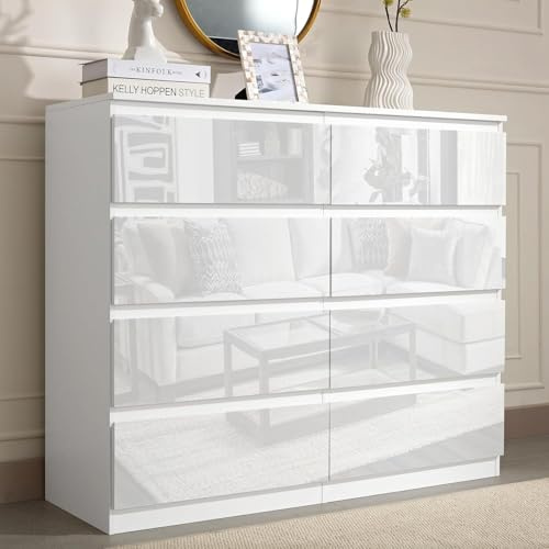 LSBIKE Weiß Kommode mit 6,7,8 Schubladen, Hochglanz Moderne Kommode mit Schubladen, Stabiler Komodenschrank & Sideboard für Schlafzimmer, Wohnzimmer, Kommoden als Sideboards (8 Schubladen Weiß)