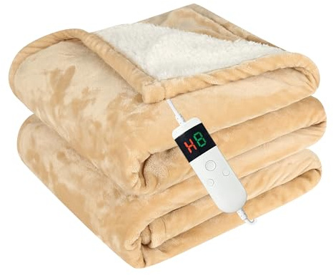 Qieryun Värmefilt med automatisk avstängning, 130 x 180 cm, 10 värmenivåer 8 timmar automatisk avstängning timer överhettningsskydd, värmefilt flanell maskintvättbar, uppvärmbar filt för hem och