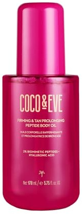 Coco & Eve Firming & Tan Prolonging Peptide Body Oil. Up to 28 Days Natural Tan Extender. After Sun Care with Tropical Oils, Vitamins C & E for Nourished, Glowy & Visibly Firmer Skin. (5.75 fl oz)