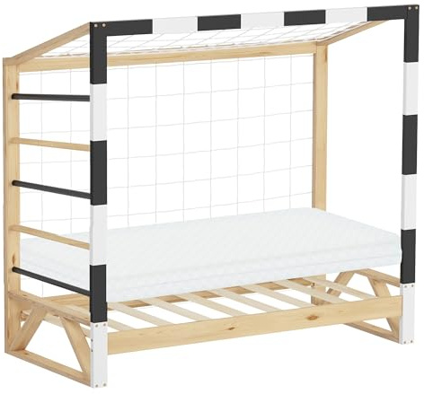 ML-Design Barnsäng med Fotbollsmål 70x140 cm med Madrass Träbädd med Ribbotten Klätterstege och Nät Ungdomssäng av Furu Enkelsäng för Barn Sängram för Pojkar Flickor Lekbädd Sovplats Barnsäng