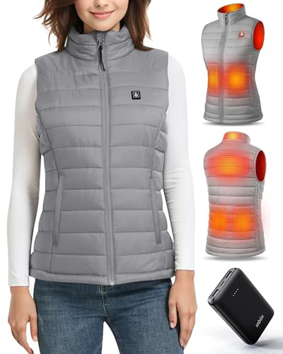 UNBON Chaleco Calefactable Mujer, Chaleco Calefactable con Batería USB 10000mAh, Chaleco Térmico Eléctrico Mujer con 3 Temperaturas 6 Zonas de Calor, Chalecos Calefactor para Moto Caza, Gris, S