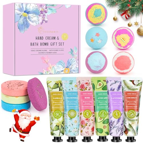 Coffret de Noël pour femmes : 6 crèmes pour les mains, 5 bombes de bain et 4 bombes de douche. Un idéal pour se détendre à la maison, parfait comme cadeau de Noël, à glisser dans un calendrier