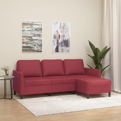 YuuSsea 3-sitsig soffa, vinröd, 180 cm sittbredd, konstläder, med pall, robust metallram, bekväm sittupplevelse för vardagsrum, modern design