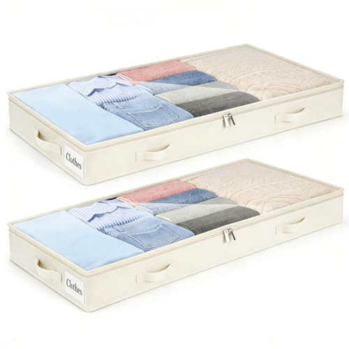 Förvaringsväskor under sängen 2-pack, 10 cm hög stor förvaringsbox under sängen med dragkedja, vikbar grund garderobsförvaring med klart fönster och förstärkt handtag för kläder, filtar, skor