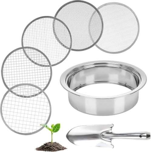 Dexpally 5 in 1 Setaccio da Giardino in Acciaio Inox Ø maglie 1, 3, 6, 9, 12 mm Setaccio per Sabbia + 1 Vanga a Mano Per Terra, Pietre, Compost, Erbacce e Sabbia