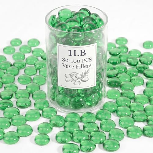 WOHSEROM Cuentas de cristal verde de 1 libra, canicas de vidrio planas de 17-19 mm para jarrones, relleno de jarrón esmeralda, rocas de pecera, decoración de acuarios, gemas verdes para plantas y