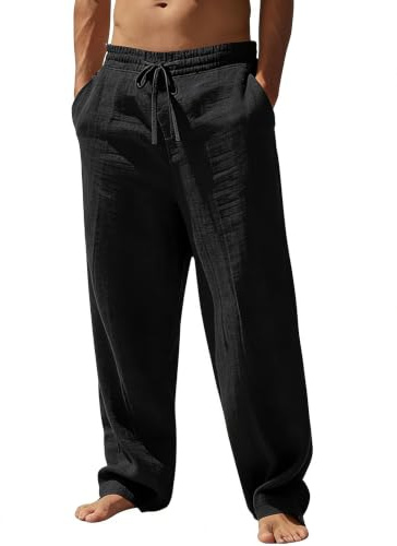 Strandbyxor för män med vida ben, dragsko och lös passform | Justerbar midja, sidofickor, lång passform, enfärgad, resor, helgen eller som loungewear.
