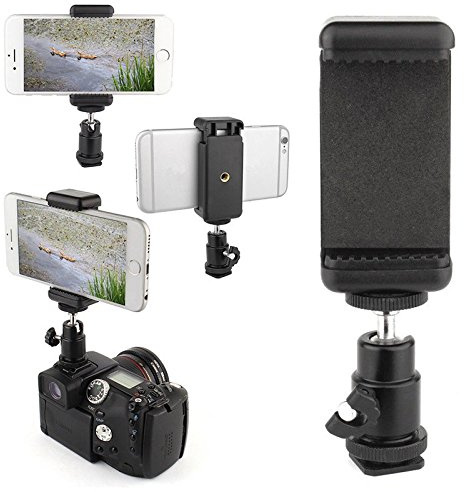 360° Ball Head Hot Shoe Adapter Mount + Cell Phone Holder Clip for DSLR Camera