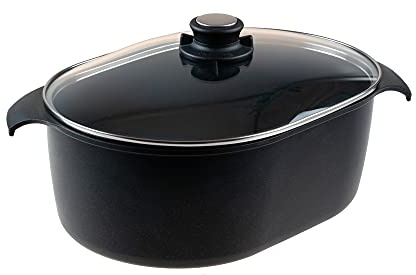 Pfannen Harecker Gussbräter Induktion 32x22cm | Aluguss mit Glasdeckel | PFOA-freie Antihaftversiegelung | backofenfest bis 240 °C | Made in Germany