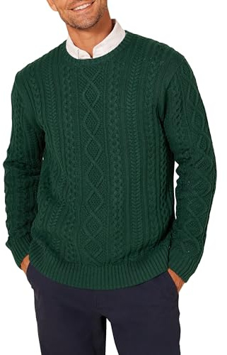 Amazon Essentials Men's Long-Sleeve 100% Cotton Fisherman Cable Crewneck Sweater, Dark Green, X-Large