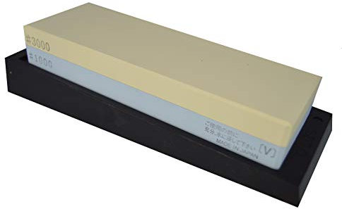 Schleifset Suehiro – doppelseitiger Schleifstein, Körnung 3000 (gelb) / #1000 (blau) und eine Halterung aus Gummi, geneigt/gerade, hergestellt in Japan