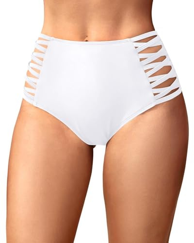Holipick Women High Waisted Bikini Bottoms Tummy Control Swimsuit Bottoms Strappy Swim Bottom, White, Medium