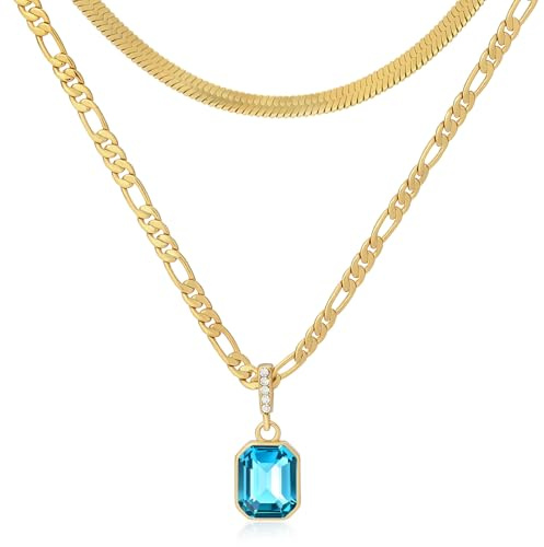 Mesovor Goldene Geschichtet Ketten Halsketten mit Anhänger Kristall, 18 Karat Vergoldete Figaro und Schlangenkette Halsband Halskette für Frauen Mädchen Schmuck Geschenke (Blau)