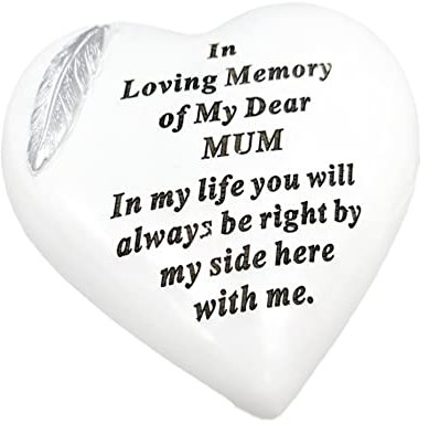 Memorial Stone Heart Plaques Grave Ornaments - Personalised Grave Decoration White & Silver Plaques with Feather- Outdoor Memorial Plaques 15 x 15cm (Mum)