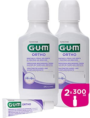 Bain de bouche GUM ORTHO |spécialement conçu pour porteurs d'appareil orthodontique |réduit l'accumulation de plaque |renforce l'émail |sans alcool |goût menthe verte | 2x300ml (+1 bonus gratuit)