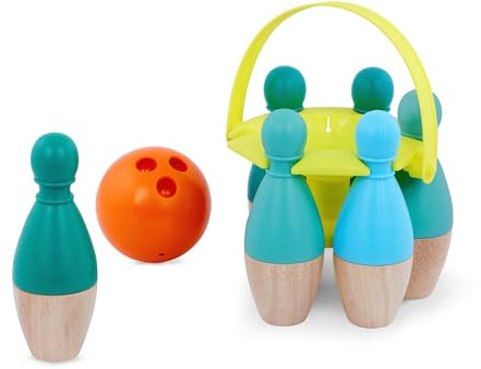 B. toys Kids Bowling Set, 6 Pins, Ball, Wooden Bowling Game Caddy, Activity | 6 pins, 1 bowling ball, and carry caddy with handle for family games, easy storage, playdates, and active play, 2+ Years