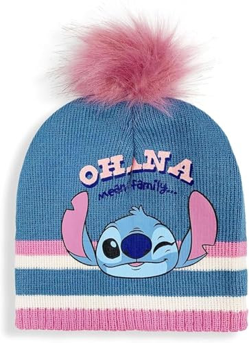 Disney Stitch Mütze für Mädchen, Wintermütze für Mädchen, Maschen Set-Mütze, Bommelmütze, Winter Accessoires für Kinder