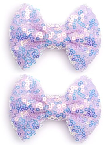 KISZU 3 Inch Glitter Hair Bows Clips, Sparkling Sequin Little Bow HairPins for Baby Girls Children Teens and Women (Light Purple)