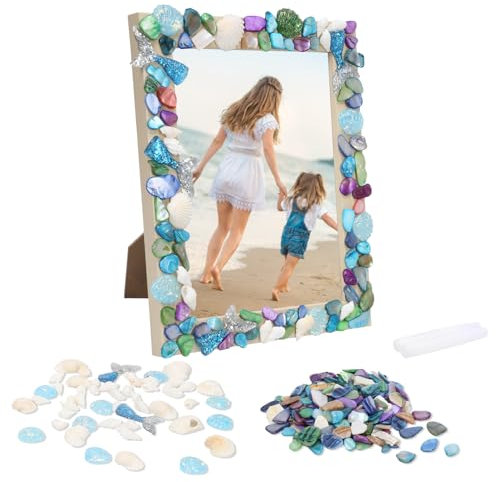 DKINY Mosaik Bilderrahmen Bastelset Kinder Holz Fotorahmen Mosaiksets mit Muschel Fischschwanz DIY Mosaik Holzrahmen zum Basteln Personalisiert Kreativset Geschenk für Junge Mädchen Sommer Geburtstag