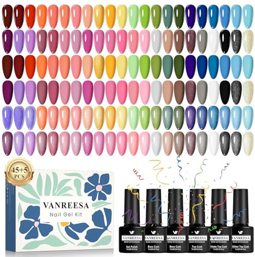 VANREESA Esmaltes Semipermanentes para Uñas, 45 Colores Pintauñas Semipermanentes con Base Top Coat Brillante Mate Purpurina, Set Manicura para Principiantes, Regalos para Mujeres