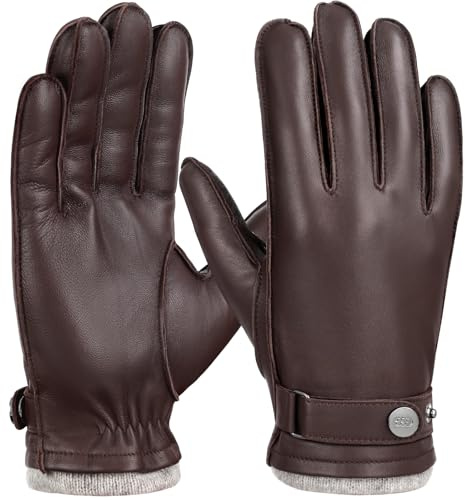 GSG SINCE 1998 Guanti Pelle Uomo – Guanti da Guida in Pelle Vera, Compatibili Touchscreen, Pelle di Pecora, Foderati in Lana, Caldi Invernali per Climi Freddi, Marrone L